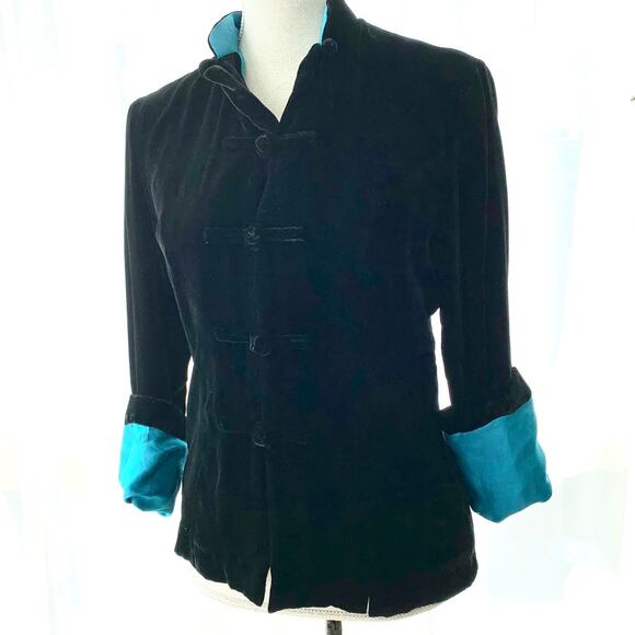 Black Velvet Turquoise Teal Silk Lining Chinese Jacket Size Medium - Picture 1 of 11